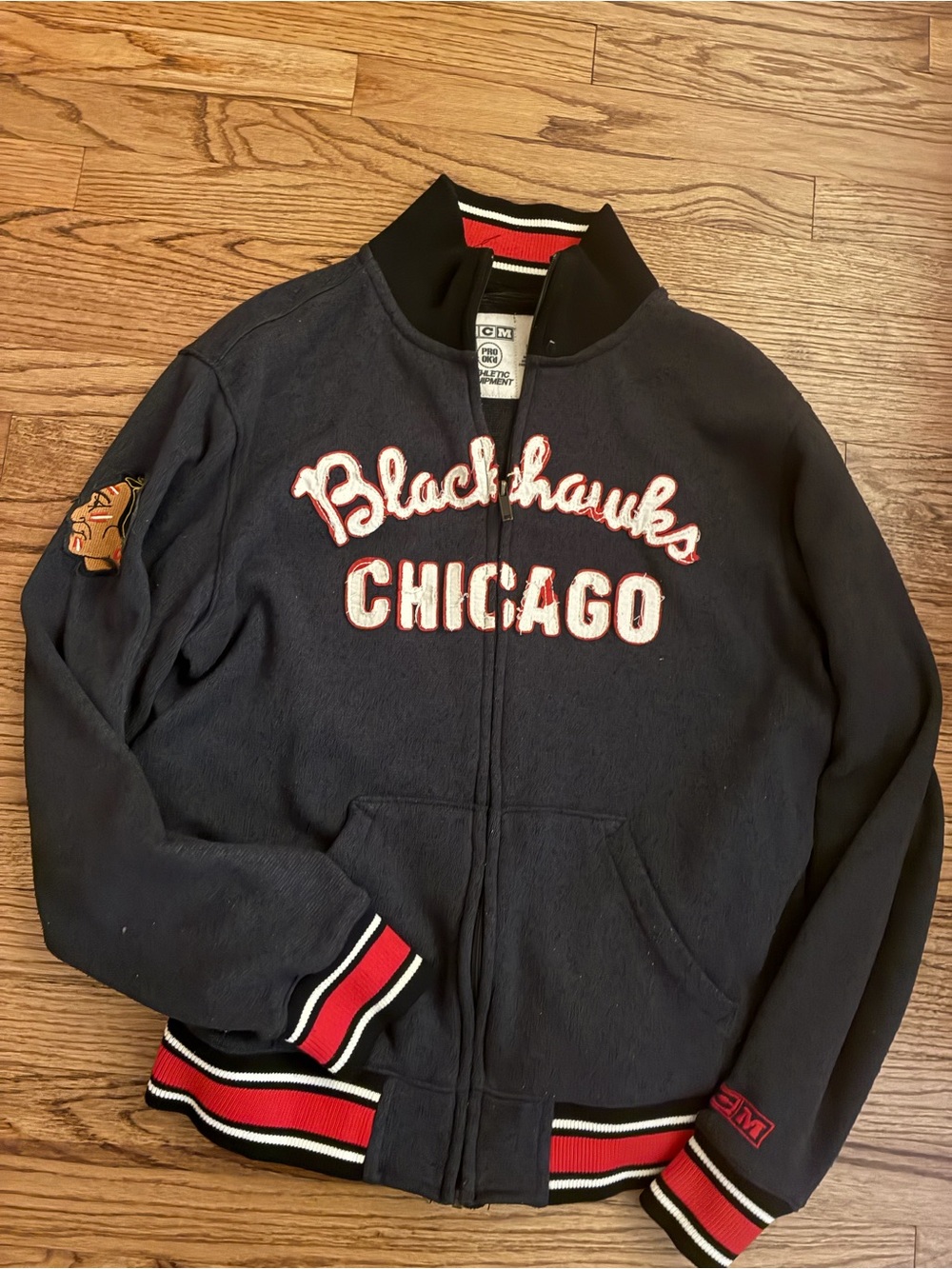 CCM vintage Navy, Red & White Chicago Blackhawks Bomber Jacket